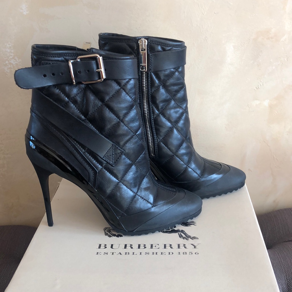 Burberry Black Quilted Leather High Heel Ankle Booties With Buckle
